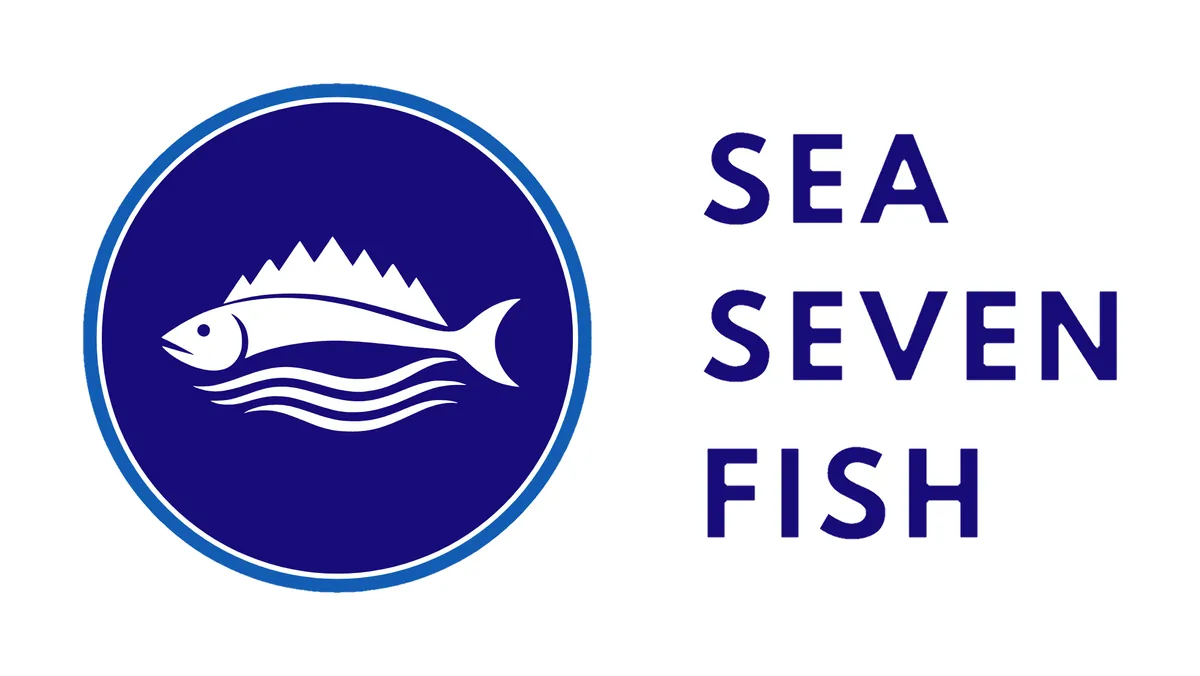 Sea Seven Fish secondary logo: the fish inside a navy circle beside the words Sea Seven Fish on three lines