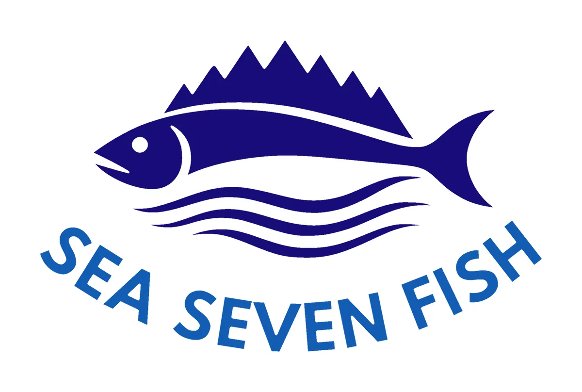 Sea Seven Fish tertiary logo: a navy fish with mountain peaks for a dorsal fin over three wave lines, above the name in blue capitals set on a curve