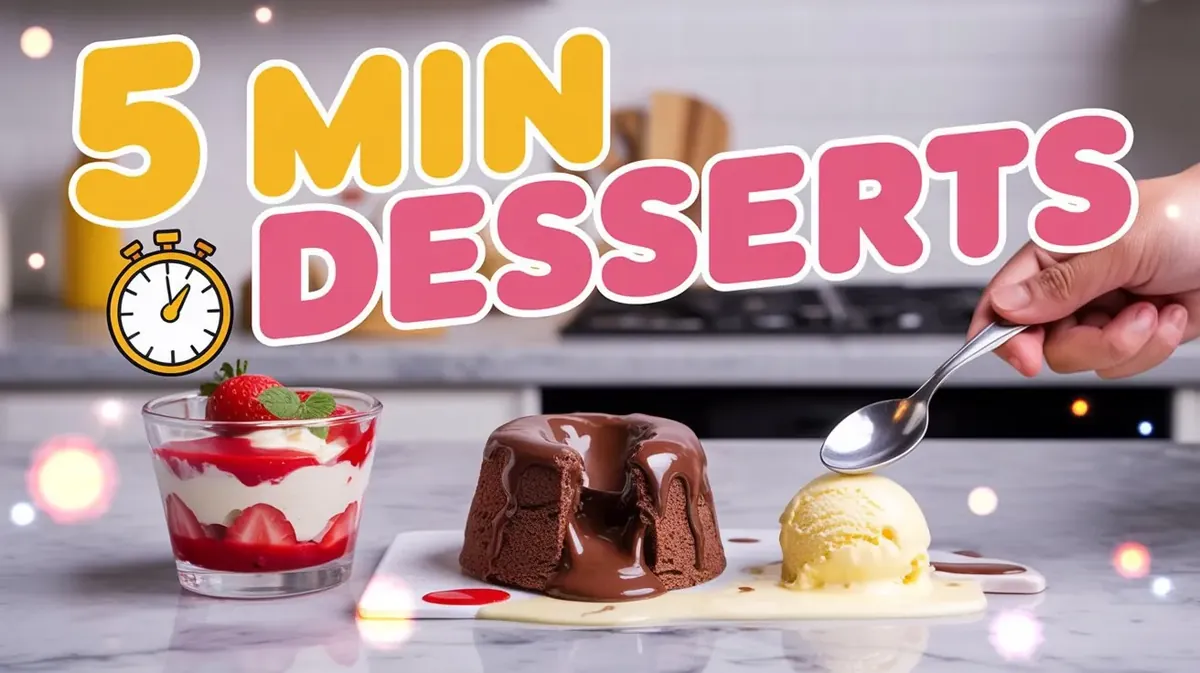 YouTube thumbnail reading 5 Min Desserts, with a strawberry and cream cup, a molten chocolate cake and a scoop of ice cream on a marble counter
