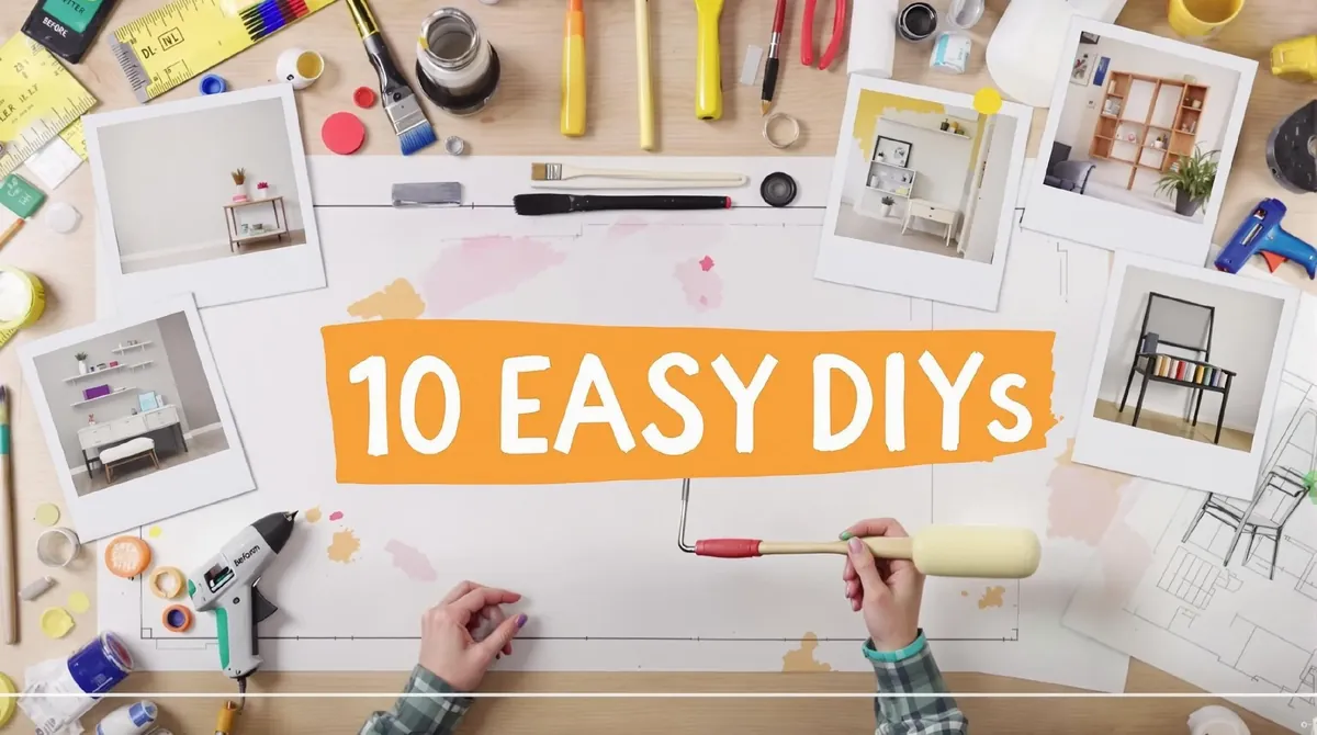YouTube thumbnail reading 10 Easy DIYs on an orange brush stroke, over a top-down view of a work table with tools and photos of rooms