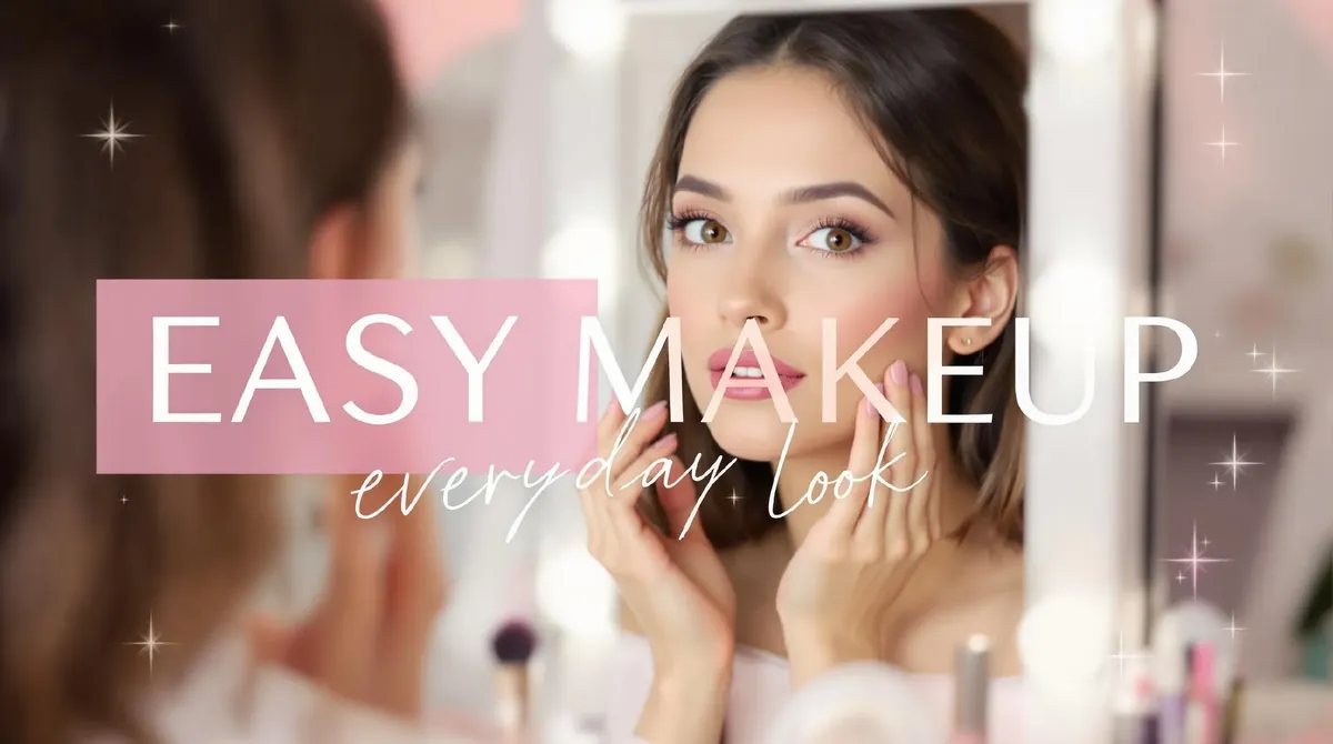 YouTube thumbnail reading Easy Makeup, everyday look, with a woman touching her face as she looks into a mirror with bulb lights