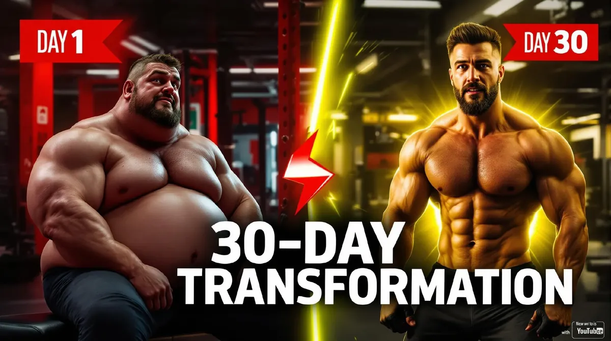 YouTube thumbnail reading 30-Day Transformation, with a heavyset man tagged Day 1 beside a lean, muscular man tagged Day 30