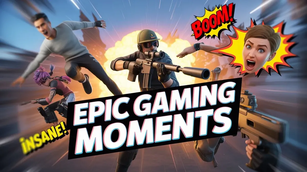 YouTube thumbnail reading Epic Gaming Moments on a tilted black banner, over game characters in a blurred battle scene with an explosion
