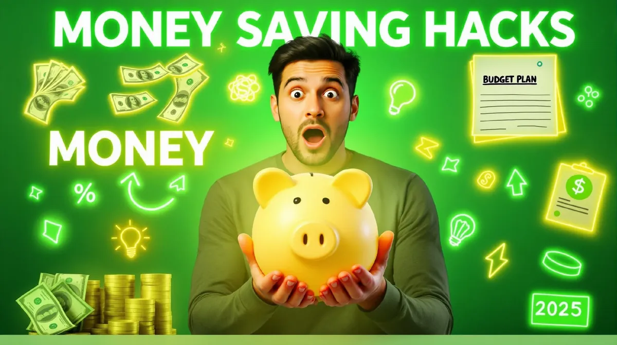 YouTube thumbnail reading Money Saving Hacks, with a wide-eyed man holding a yellow piggy bank against a green background
